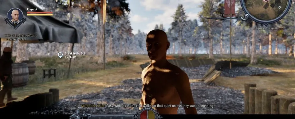A conversation at the Thieves’ camp in a development build